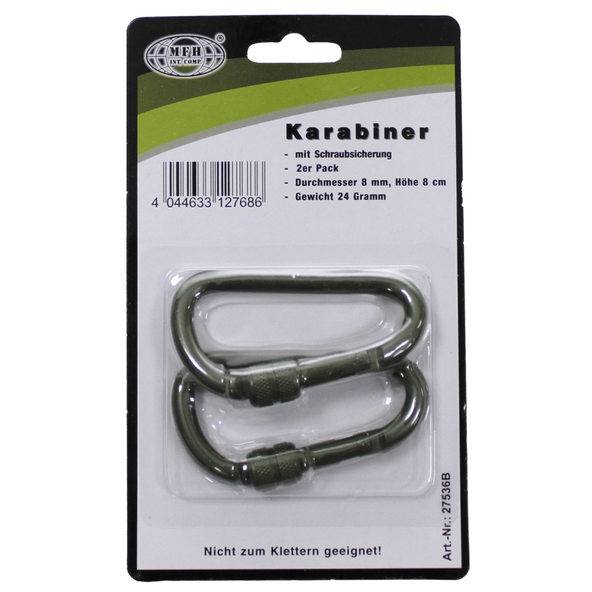 Karabiner,  Schraubverschluss, D 8 mm x 8 cm,  2er Pack,  oliv